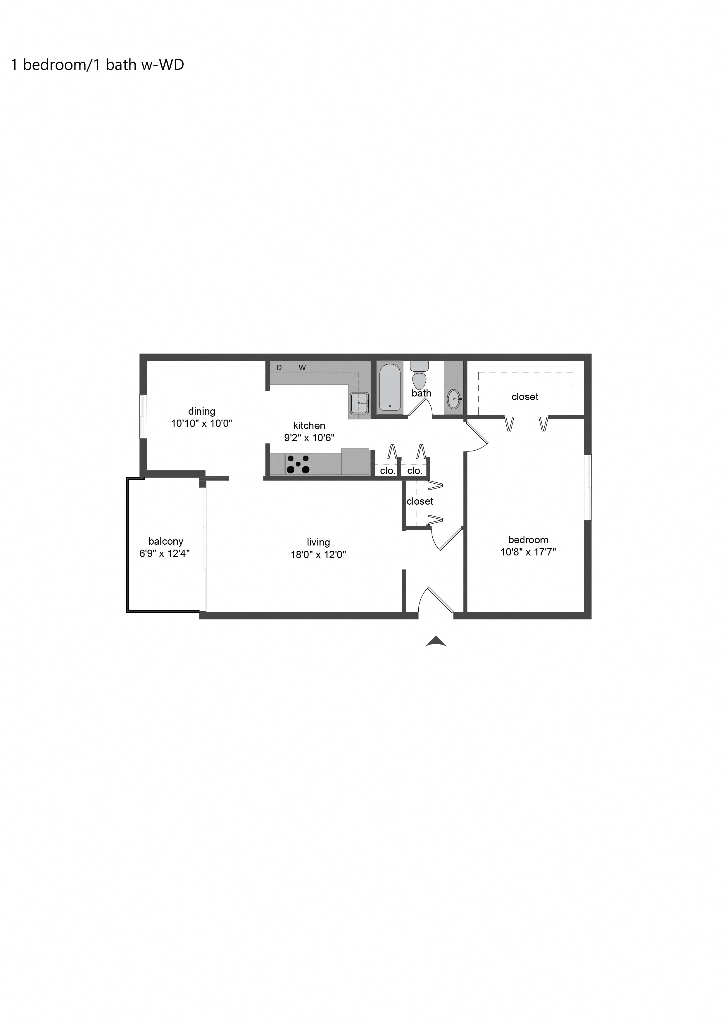Floor plan for 1 bed, 1 bath, 866 sqft